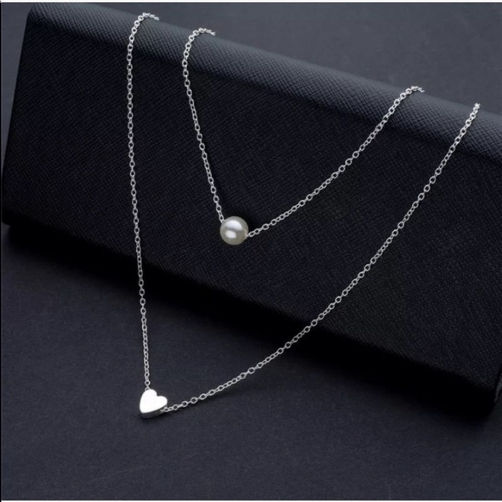Double Chain Heart & Pearl Statement Necklace - Picture 3 of 3